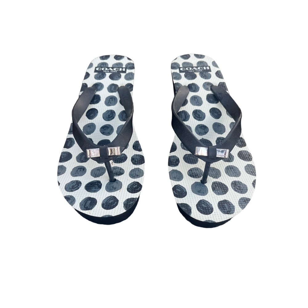 Coach Wedge Flip Flops Womens 8 Black White Polka Dot Bow Accent Sandals Chic
